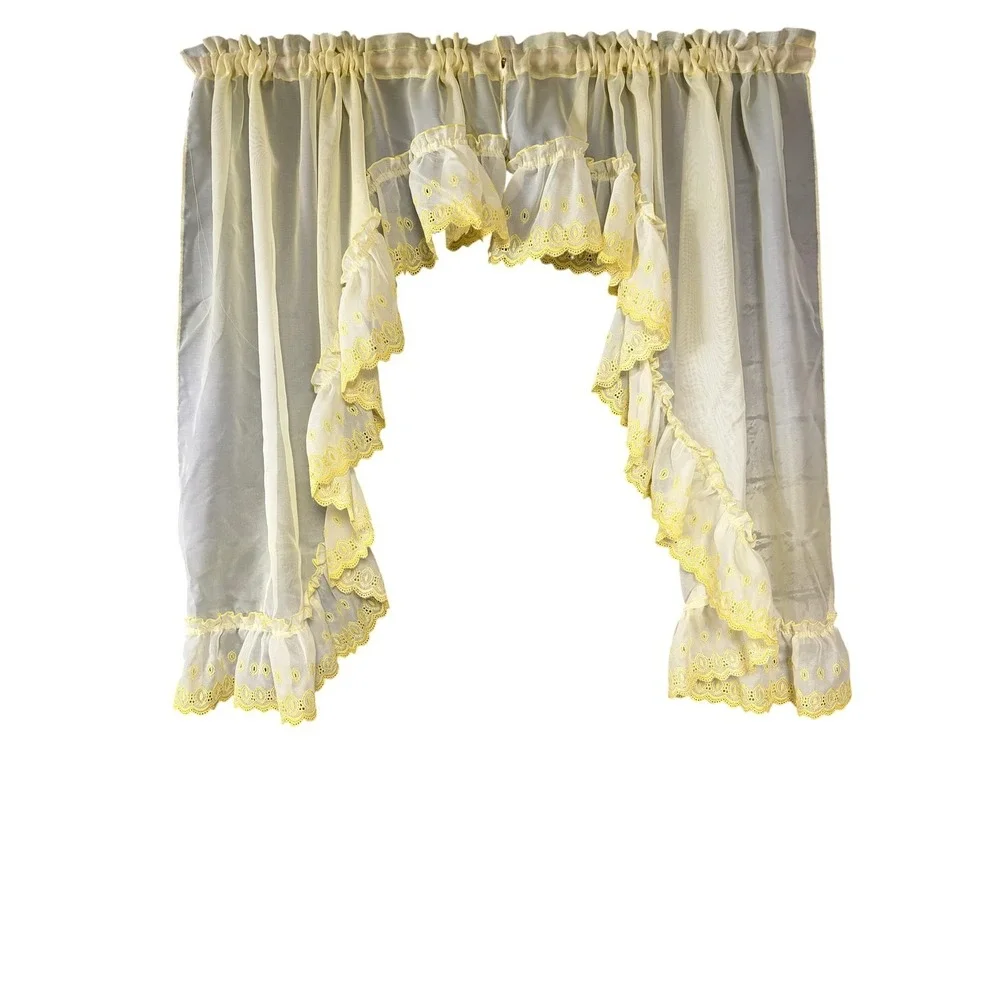 Yellow Ruffled Sheer Window Curtains‎ Set Valances Swags Embroidered Country